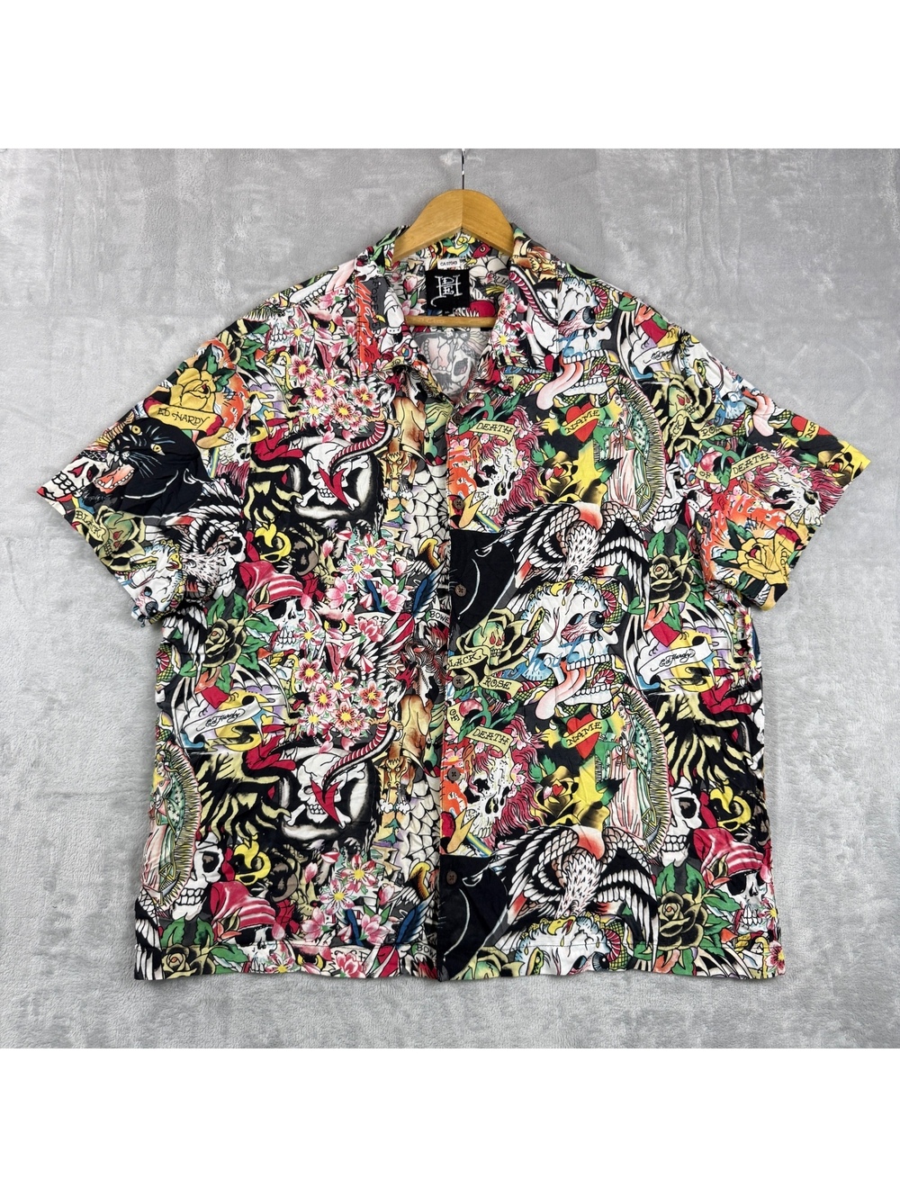 Ed Hardy Shirt Men XL All Over Tattoo Print Skulls Eagle Panther Dragon ButtonUp